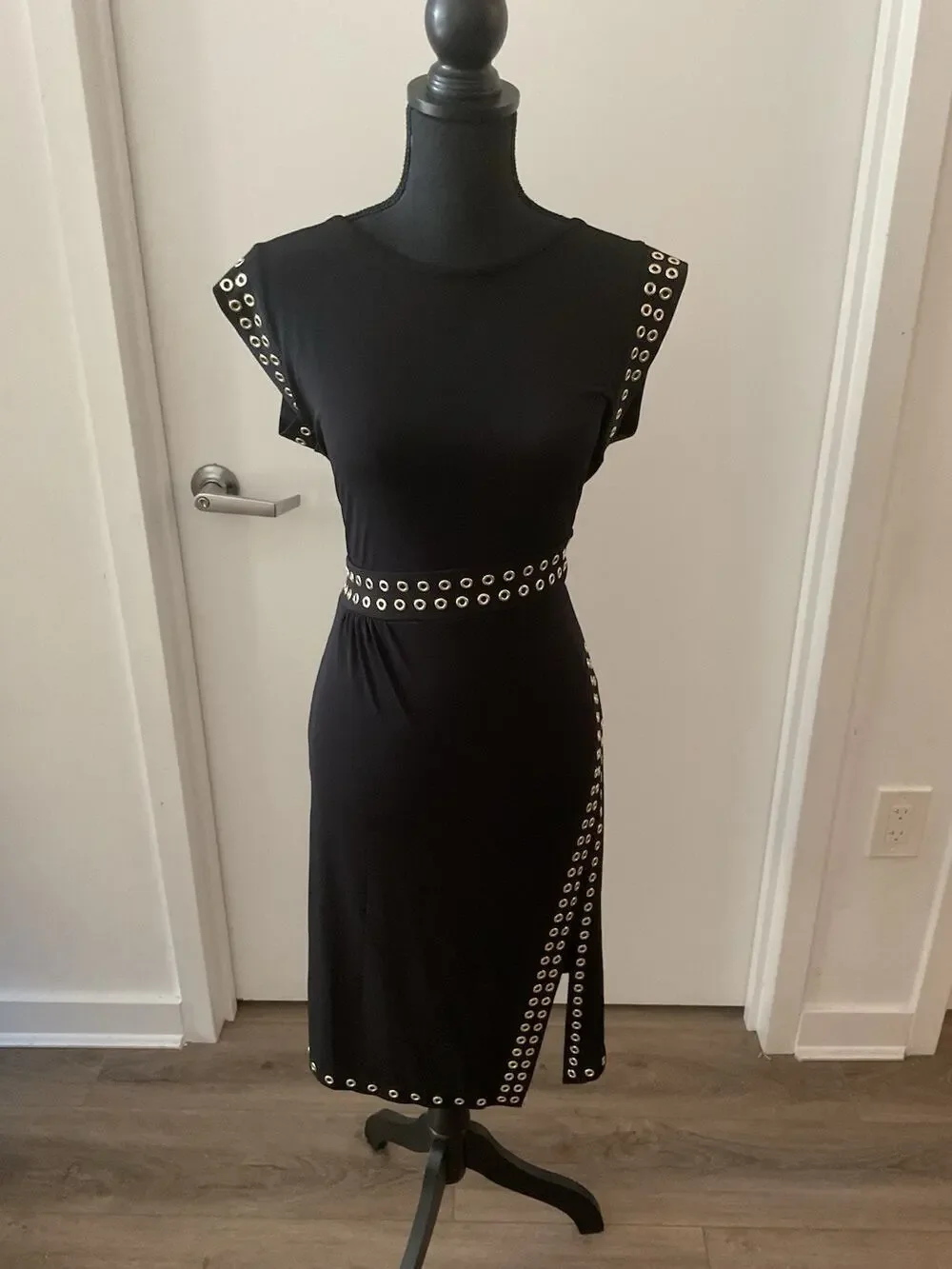 Michael Kors Astor Studded Matte Jersey Asymmetrical Slit Midi Dress